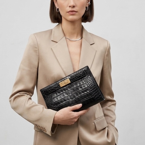 Tory Burch Handbags - Tory Burch Lee Radziwill Black Croc-Embossed Leather Petite Bag